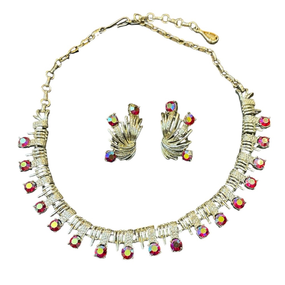 Vintage Coro Aurora Red Crystal Necklace and Clip Earrings Set Silver Tone